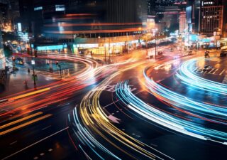 Flow of traffic in a city at night